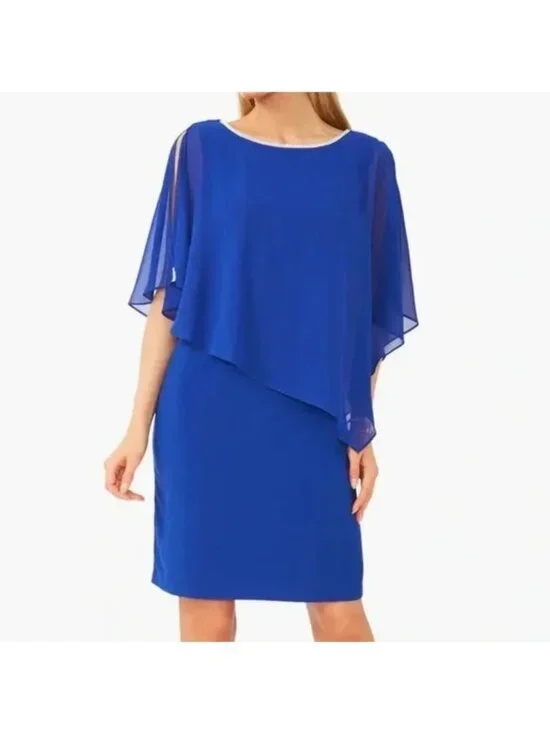 MSK Chiffon Sheath Rhinestone Trim Dress Womens M Royal Blue Asymmetric Cape - Picture 1 of 12
